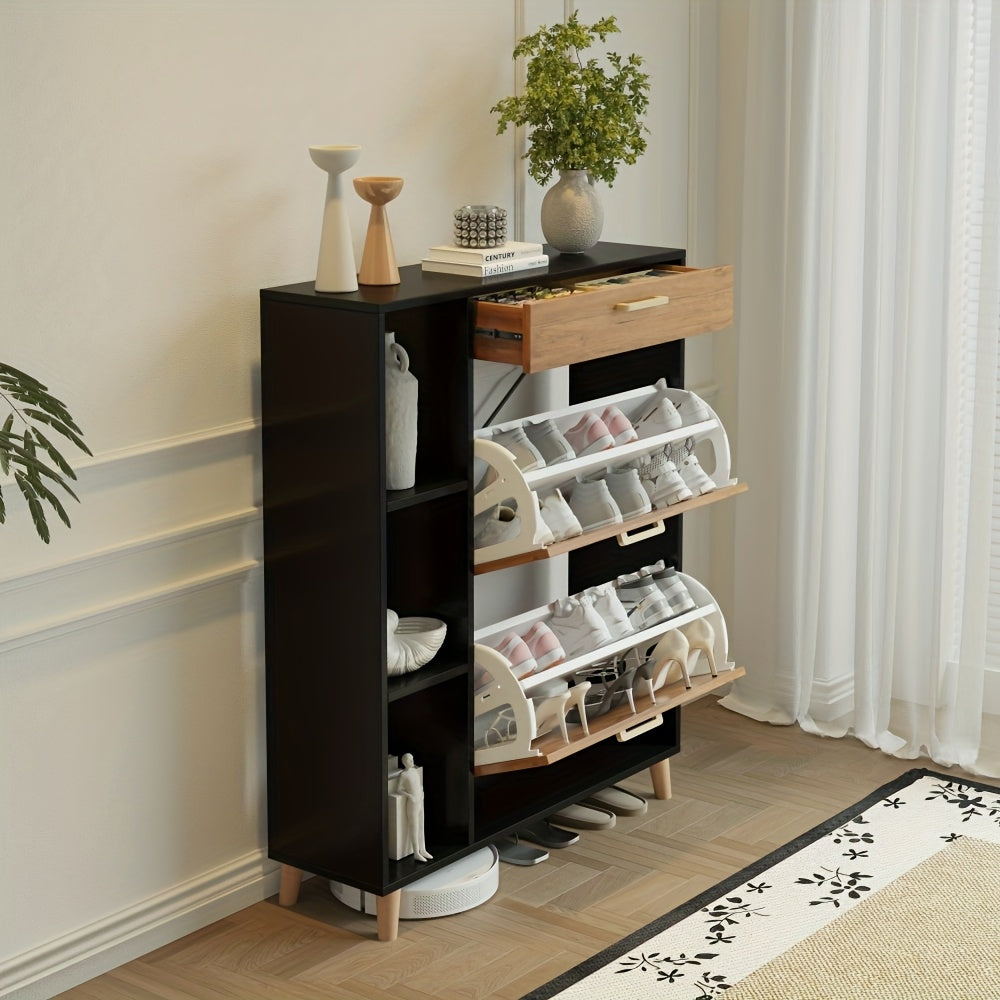 Schoenenkast – Schoenenrek – Schoenopberger – Halmeubel – Opbergkast – Smal Design – Zwart Hardhout – Uittrekbare Lade – Voor Circa 12-15 Paar Schoenen