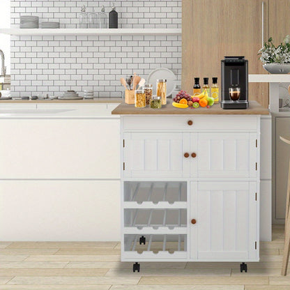 Versatile White Kitchen Island Cart with Wheels - 68.58cm x 39.12cm x 85.09cm | Spacious Storage & Worktop, Wine Rack Included