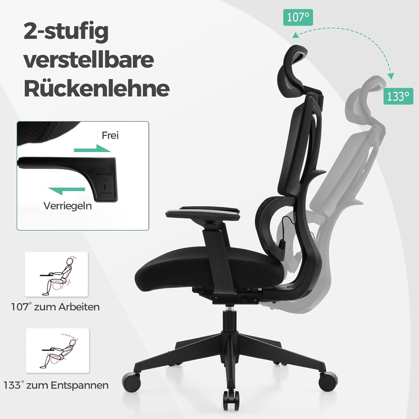 Ergonomische Bureaustoel – Kantoorstoel – Werkstoel – Draaistoel – Bureaustoel Verstelbaar – Lordose Ondersteuning – Verstelbare Hoofdsteun – 160 Kg Draagvermogen