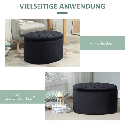 Opbergpoef – Opbergbank – Opbergbox – Zitkist – Voetenbank – Zwart Velvet-achtig Polyester – Ovaal 71x52x42 cm – Comfortabel Met Opbergruimte