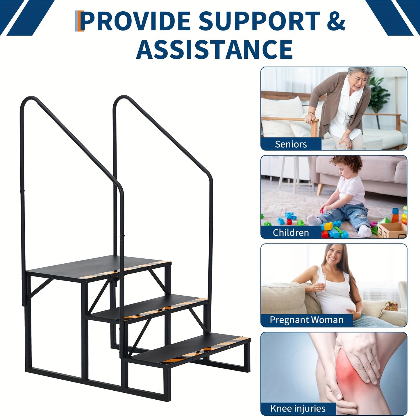3-Step Heavy Duty RV Steps with Handrail - Non-Slip Wide Base & Sturdy A-Frame Ladder, Portable Outdoor/ Stairs for RV, Travel Trailer, Hot Tub, Pool, Trampoline - Step Ladder with Non-Slip Treads (No Power Required)