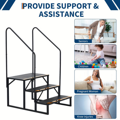 3-Step Heavy Duty RV Steps with Handrail - Non-Slip Wide Base & Sturdy A-Frame Ladder, Portable Outdoor/ Stairs for RV, Travel Trailer, Hot Tub, Pool, Trampoline - Step Ladder with Non-Slip Treads (No Power Required)