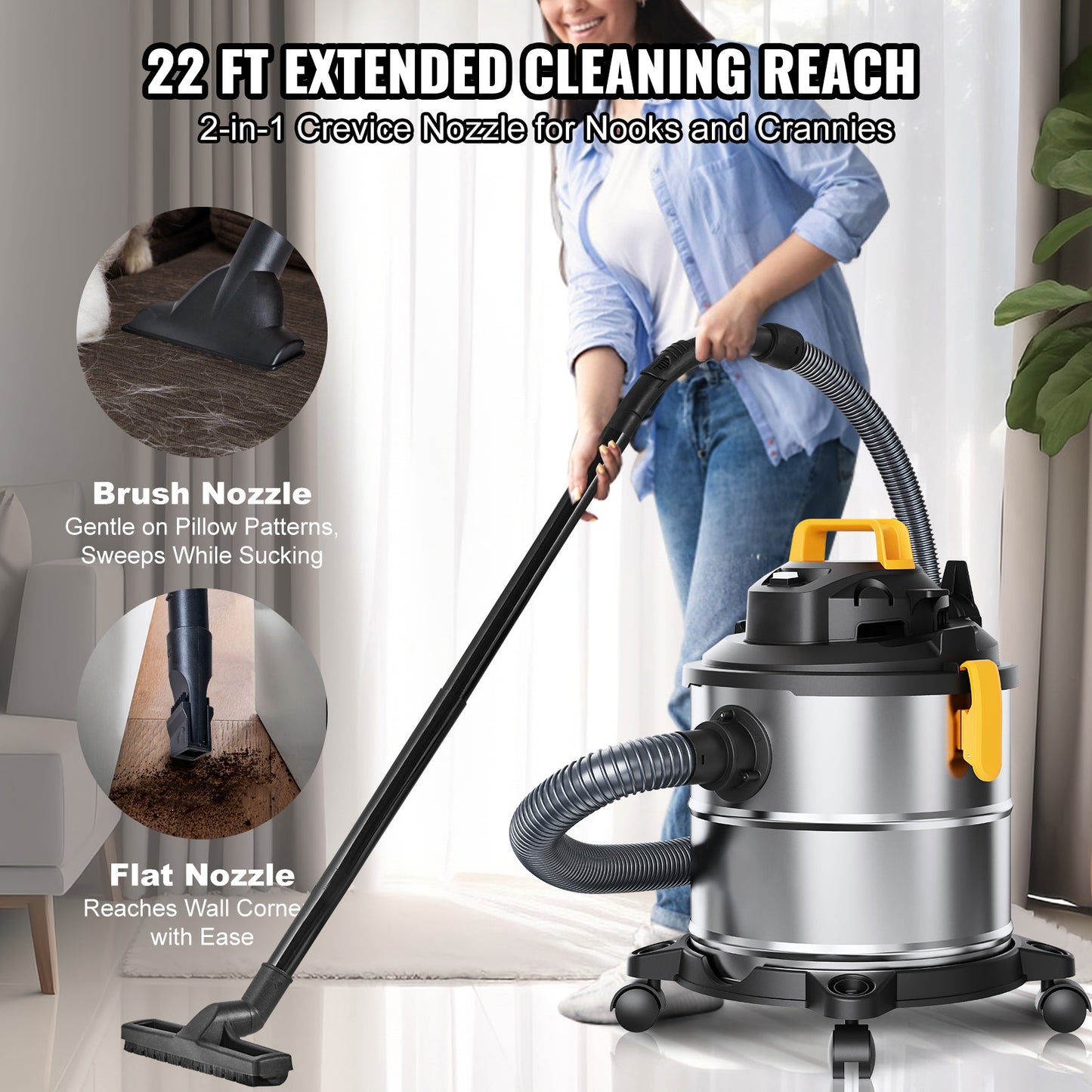 Stofzuiger – Natzuiger – Droogzuiger – Werkplaatszuiger – RVS Stofzuiger – 20 Liter Inhoud – 6 Peak PK Krachtige Zuigkracht
