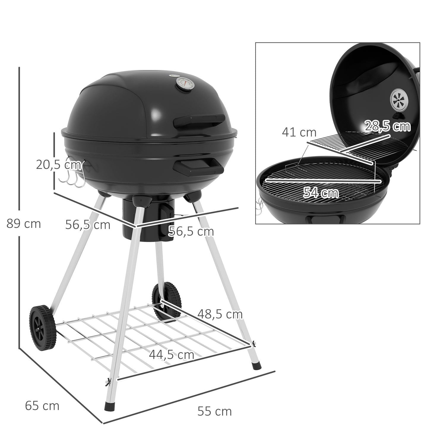 Bol Grill – Houtskoolbarbecue – BBQ Oven – Buitenkeuken – Ronde Barbecue – 54 cm Grilloppervlak – Ingebouwde Thermometer & Uitneembare Aslade – Zwart