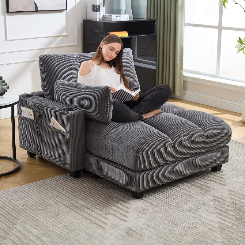 Palmen Stoel – Lounge Stoel – Relaxstoel – Recliner – Zetel – Met Fluffy Gestreepte Kussens – Met 3 Bekerhouders & Zijvak – Stevig Metalen Frame – Met Zachte Bekleding