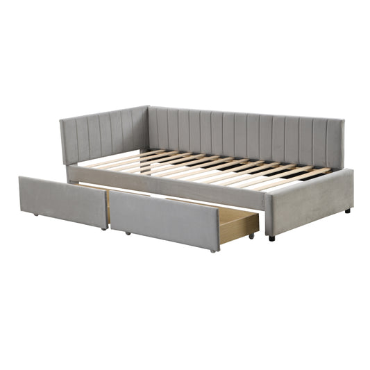 Slaapbank – Bedbank – Uitschuifbare Sofa – Bank Met Opbergruimte – Grijs-Beige Fluweelstof – 90x200 cm – 2 Grote Lade Opbergruimtes