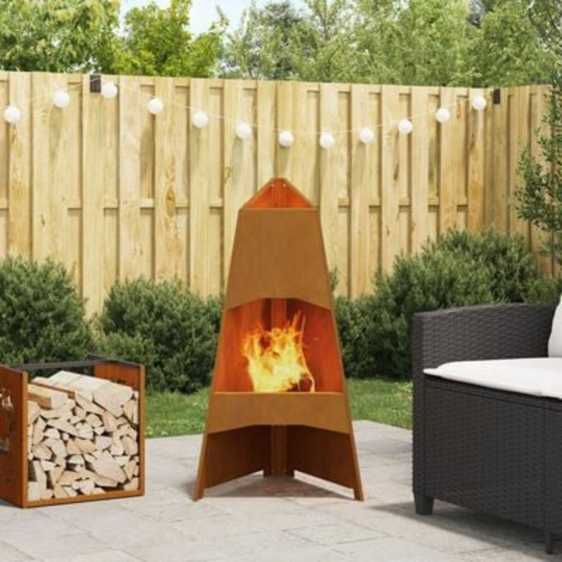 Grote Buitenhaard – Terrashaard – Vuurschaal – Tuinhaard – Buitenkachel – Metalen Verticale Tapered Stove – Bruine Poedercoating Houtlook – 50x50x95 cm – Robuust & Weerbestendig