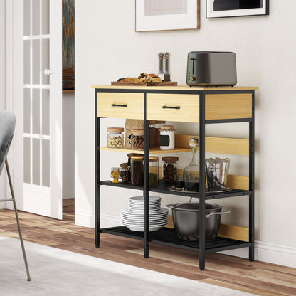 Dressoir – Sideboard – Kast – Buffet – Opbergkast – Naturel Hout – 2 Lades en 3 Open Vakken – 90x40x91 cm Compact en Stevig
