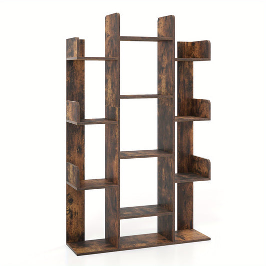 Boekenkast – Boekenrek – Opbergkast – Vakkenkast – Stellingkast – Boomvormig Design – 13 Open Vakken – Rustiek Bruin Hout – Stabiel & Duurzaam – Anti-Omvalbeugels – 86x24,5x141 cm