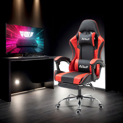 Gaming Bureaustoel – Ergonomische Stoel – Bureaustoel – Kantoorstoel – Gamestoel – Verstelbare Rugleuning – Ingebouwde Lendensteun – Met Voetensteun – 360° Draaibaar – Kunstleren Bekleding – Memory Foam Zitting – Rood