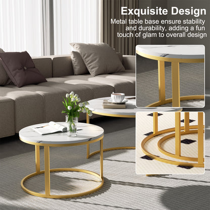 Salontafel – Bijzettafel – Woonkamertafel – Koffietafel – Nestbare Tafelset – Wit Marmerlook – Zwart Metalen Frame