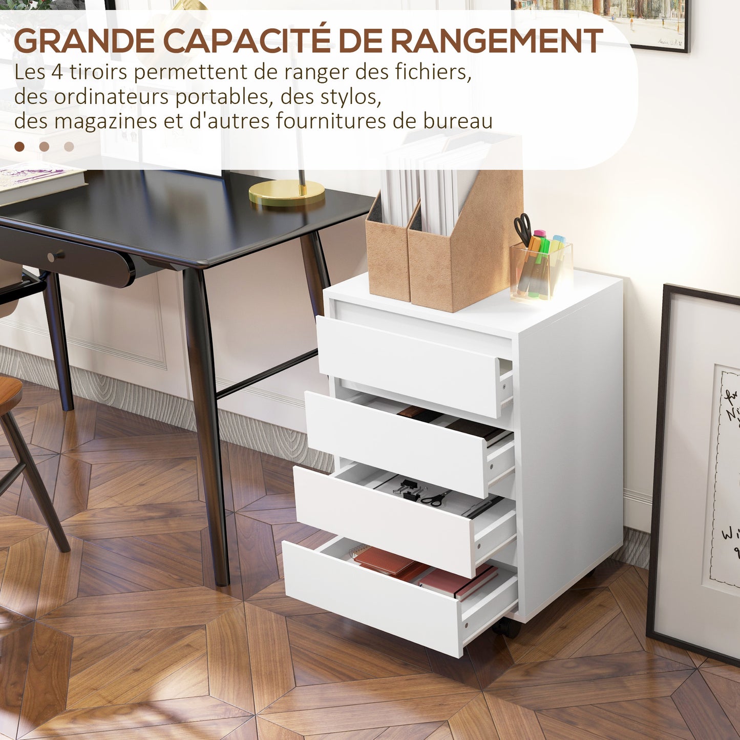 Mobiele Ladekast – Opberglade Kast – Bureaukast – Rollende Ladekast – Kantoorkast – 4 Lades – E1 MDF Hout – Wieltjes Met Rem