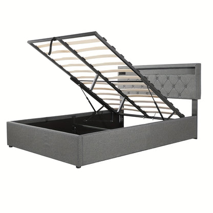 Gestoffeerd Tweepersoonsbed 140x200 cm met Opbergruimte – LED Hoofdeinde, Ottoman Hydraulisch Bedframe met Lattenbodem – Grijs, Modern en Ruimtebesparend (Exclusief Matras)