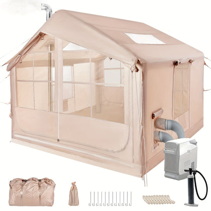 Opblaastent – Opblaasbare Tent – Familietent – Kampeertent – Tunneltent – Ruim 6-10 Persoons – Stevig Oxford Doek – Ventilatie & Muskietengaas