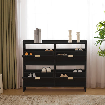 Modern shoe cabinet, with 4 folding compartments, freestanding shoe rack, open storage surfaces, suitable for entry area or hway, Black, Dimensions: W110/H90/D24 cm