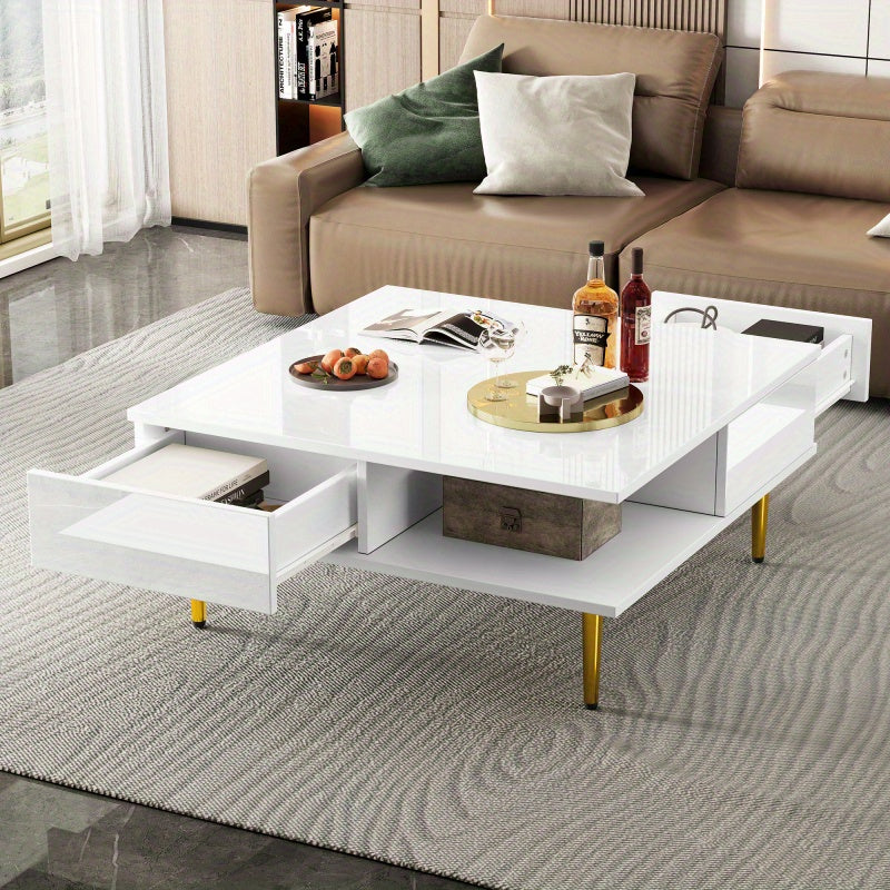 Salontafel – Koffietafel – Bijzettafel – Woonkamertafel – Tafel – Hoogglans Wit – 70x70x36 cm – Met 2 Lades en Opbergvakken – Draagvermogen 30 kg