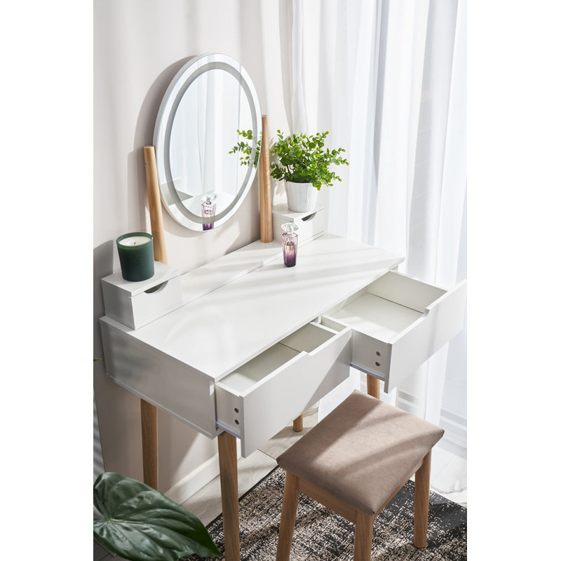 Kaptafel – Make-uptafel – Toilette – Schminktisch – Schoonheidstafel – LED-Verlichte Spiegel – 4 Lades – Mat Wit Met Beuken Hout