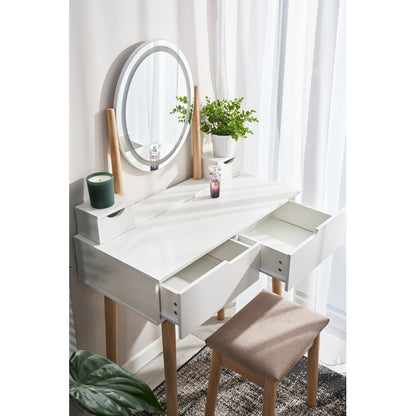 Kaptafel – Make-uptafel – Toilette – Schminktisch – Schoonheidstafel – LED-Verlichte Spiegel – 4 Lades – Mat Wit Met Beuken Hout