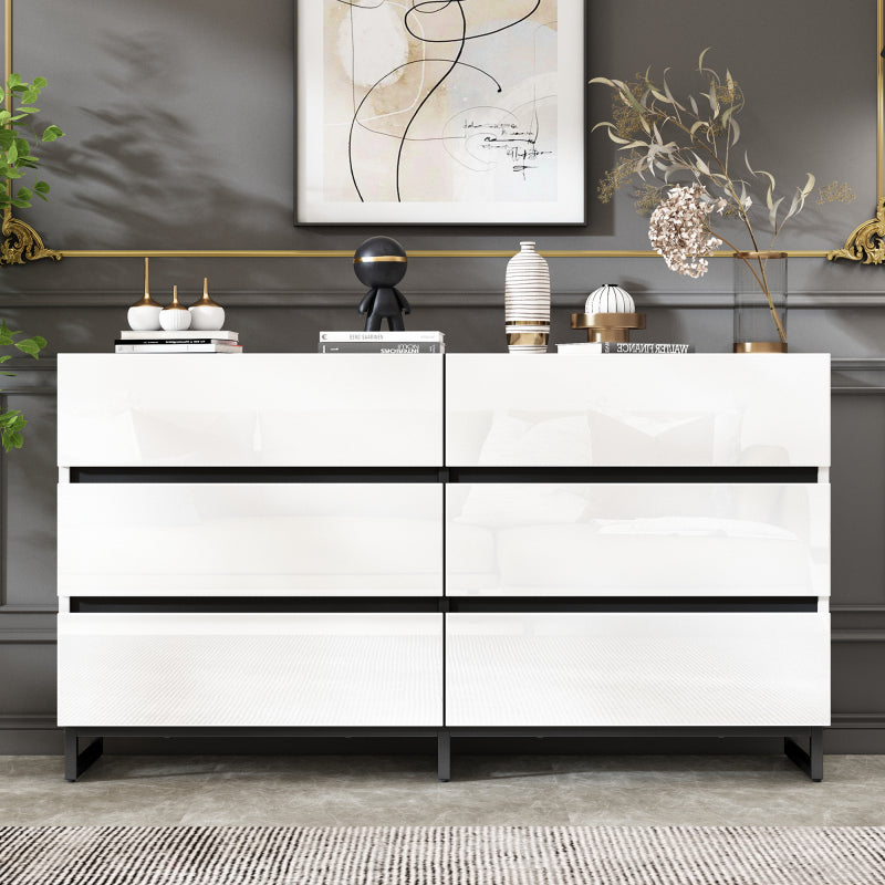 Retro Sideboard – Dressoir – Opbergkast – Kast – Sideboard Kast – Grote Capaciteit – Metalen Poten – Wit Zwart Hoogglans – Luxe Gouden Handgrepen