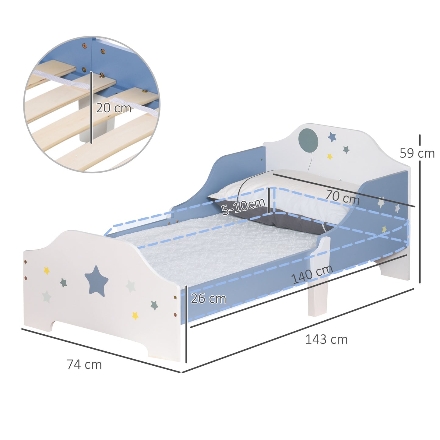 Kinderbed – Peuterbed – Vloerbed – Bed Voor Kinderen – Kinderbed Met Spijlenbodem – Laag Kindvriendelijk Bed – Sterrenprint Blauw Wit – 143x74 cm – Veilig En Duurzaam MDF