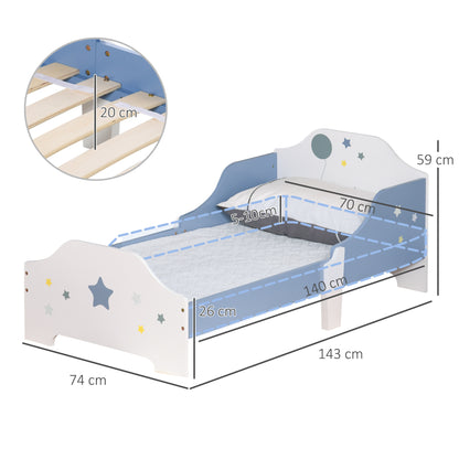 Kinderbed – Peuterbed – Vloerbed – Bed Voor Kinderen – Kinderbed Met Spijlenbodem – Laag Kindvriendelijk Bed – Sterrenprint Blauw Wit – 143x74 cm – Veilig En Duurzaam MDF