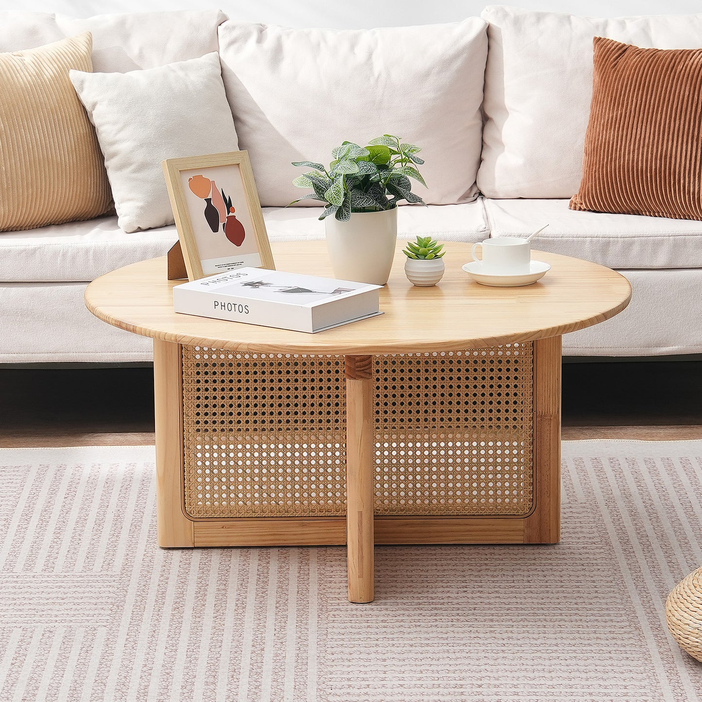 Rattan Salontafel – Rotan Tafel – Koffietafel – Woonkamertafel – Bohemian Tafel – Handgemaakt PE Rattan Onderstel – Rubbenhouten Tafelblad 83 cm
