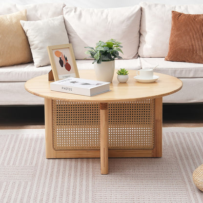 Rattan Salontafel – Rotan Tafel – Koffietafel – Woonkamertafel – Bohemian Tafel – Handgemaakt PE Rattan Onderstel – Rubbenhouten Tafelblad 83 cm