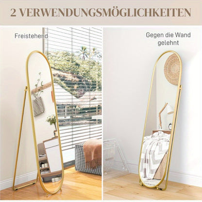 Staande Spiegel – Passpiegel – Wandspiegel – Ovale Spiegel – Full Body Spiegel – Goud Metalen Frame – 160x40 cm – Vrijstaand Ontwerp