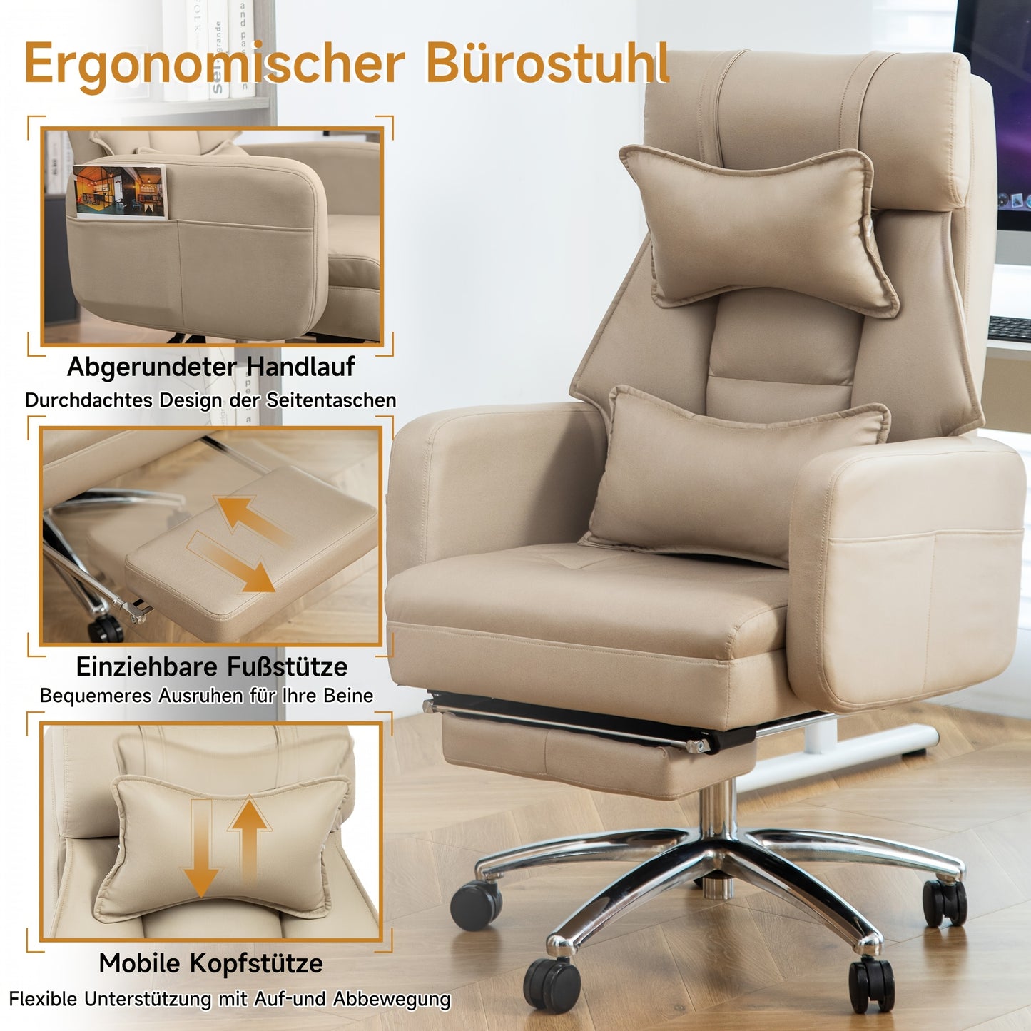 Ergonomische Bureaustoel – Kantoorlijststoel – Werkstoel – Directiestoel – Draaistoel – Licht Beige – Verstelbare Hoofdsteun – 155° Verstelbare Rugleuning