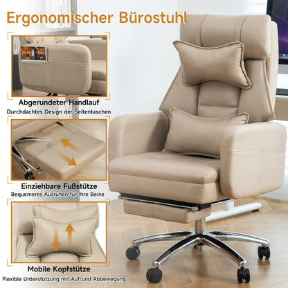 Ergonomische Bureaustoel – Kantoorlijststoel – Werkstoel – Directiestoel – Draaistoel – Licht Beige – Verstelbare Hoofdsteun – 155° Verstelbare Rugleuning