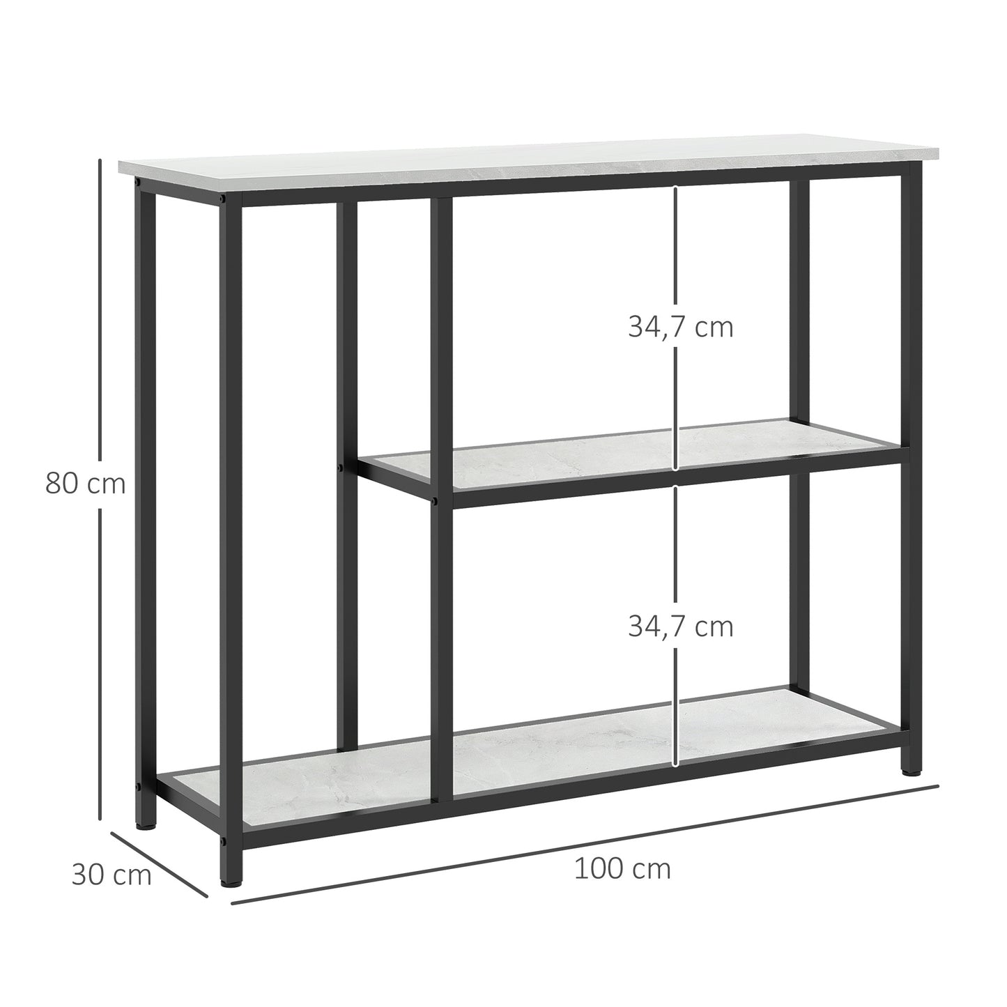 Sidetable – Sidetable Industrieel – Haltafel – ConsolTafel – Wandtafel – Zwart Wit Marmerlook – 2 Ruime Opbergniveaus – Stevig Zwart IJzeren Frame