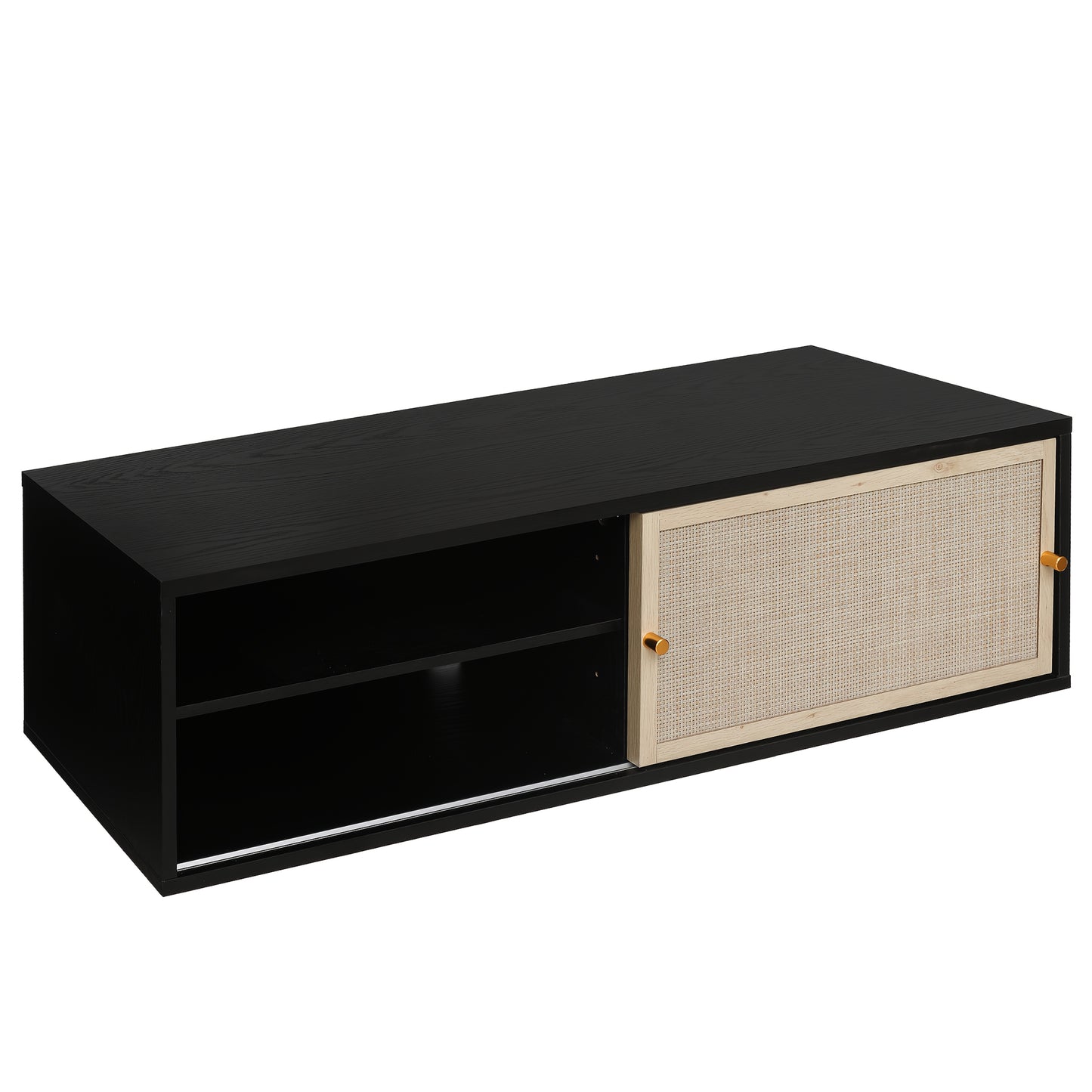 Zwart Wandkastje – Wandrek – Opbergkast – Muurkast – Kast Met Schuifdeuren – Geweven Rattan – 110 cm Lang – Hardhout