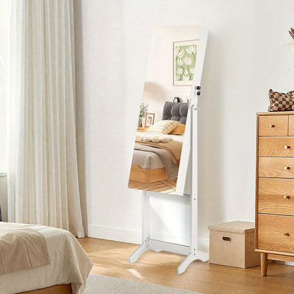 Sieradenkast – Sieradendoos – Juwelenkast – Sieradenrek – Staande Spiegelkast – Verstelbare Spiegel – Slot Met 2 Sleutels – Ruime Opbergruimte – MDF Wit Zwart – 152x39,5x36,5 cm – Ruimtebesparend Design
