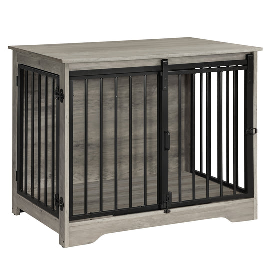 Houten Hondenbench – Hondenkooi – Hondenhok – Huisdier Bench – Hondenren – Lichtgrijs – 2 Deurs Schuifdeur – Geschikt Voor Kleine En Middelgrote Honden