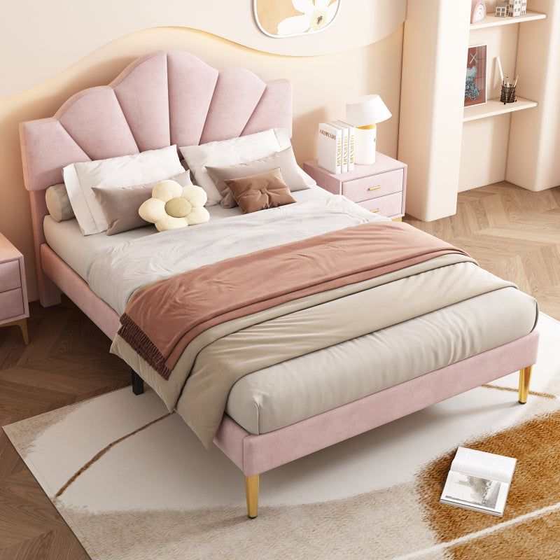 Gestoffeerd Tweepersoonsbed – Bed – Slaapbed – Platformbed – Velvet Bed – Roze Velvet Bekleding – Verstelbaar Hoofdeinde – Gouden Metalen Pootjes