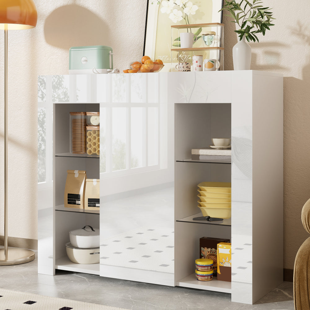 Modern White Metal Sideboard Cabinet with High-Gloss Doors & Glass Shelves - Compact Storage Furniture with Spacious Top Shelf, Floor-Standing Design for Living Room, Dining Room, Kitchen - Space-Saving Organizer for Dishes,