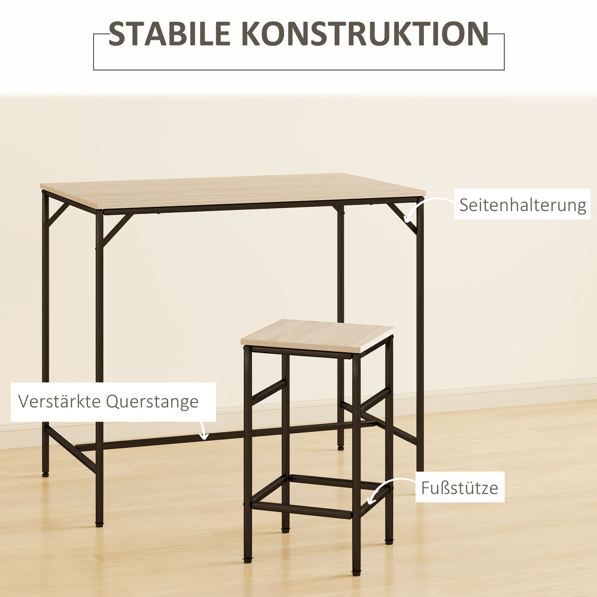 Barset – Barkrukken – Bartafelset – Bar Meubel – Bar Stoelen – Massief Eikenhout – Zwart Stalen Onderstel