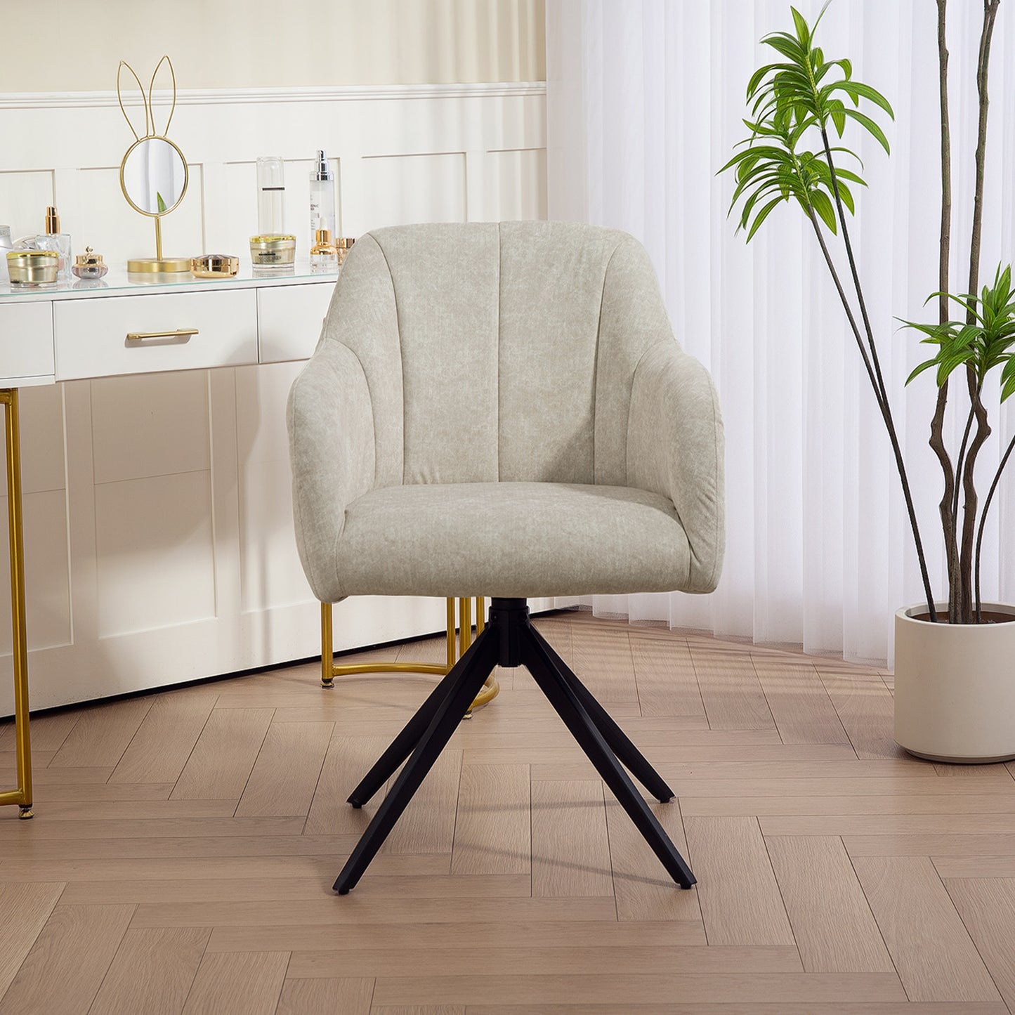 Draaifauteuil – Draaistoel – Fauteuil – Zithoekstoel – Accentstoel – Beige Stofbekleding – Stalen Poten – Comfortabele Draaibeweging