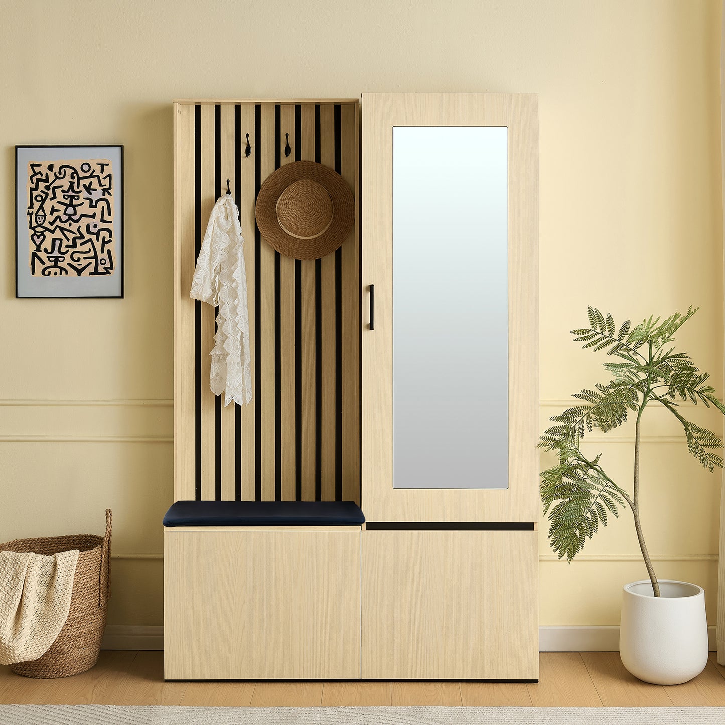 Garderobekast – Kledingkast – Kleerkast – Halmeubel – Opbergkast – Smal Design – Spiegeldeur en Uittrekbare Kledingstang – Bankje met Opbergruimte – MDF Houtlook
