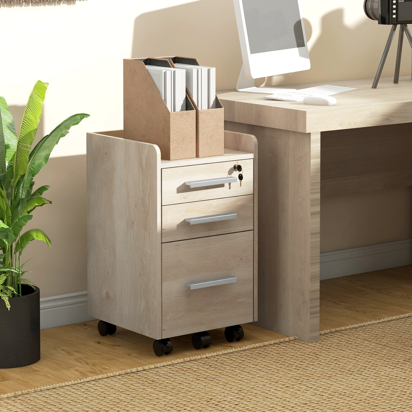 Ladeblok – Ladekast – Rolcontainer – Archiefkast – Opbergkast – Mobiel Met Slot – MDF En Spaanplaat – Beige – 39,2x40x65,4 cm