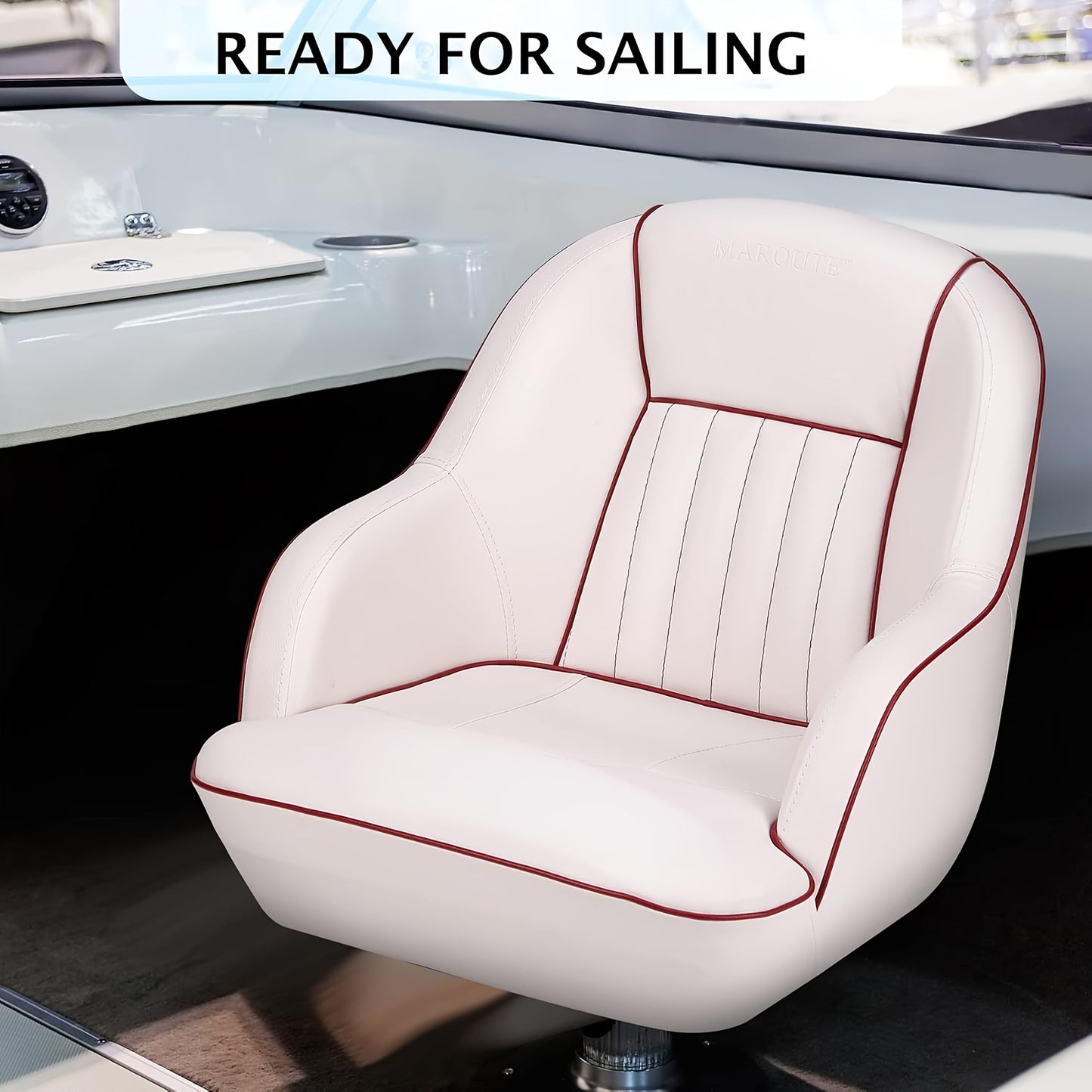 Heavy Duty Marine-Grade Boat Seat Captains Chair with Ergonomic Backrest & Cushioned Seat - White Fishing Boat Seat with Blue Accent, Durable Marine Bucket Seat for Long Hours of Comfort, Ideal for Boats, Yachts, Fishing Vess