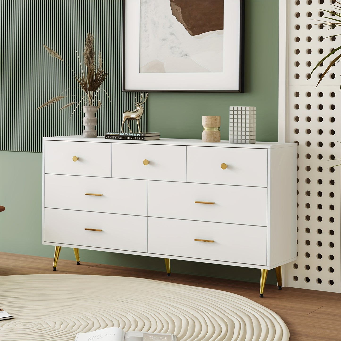 Furniture Piece with Multiple Drawers And Golden Details, Suitable for Dining Room Or Kitchen, Measuring 140*35*76Cm.