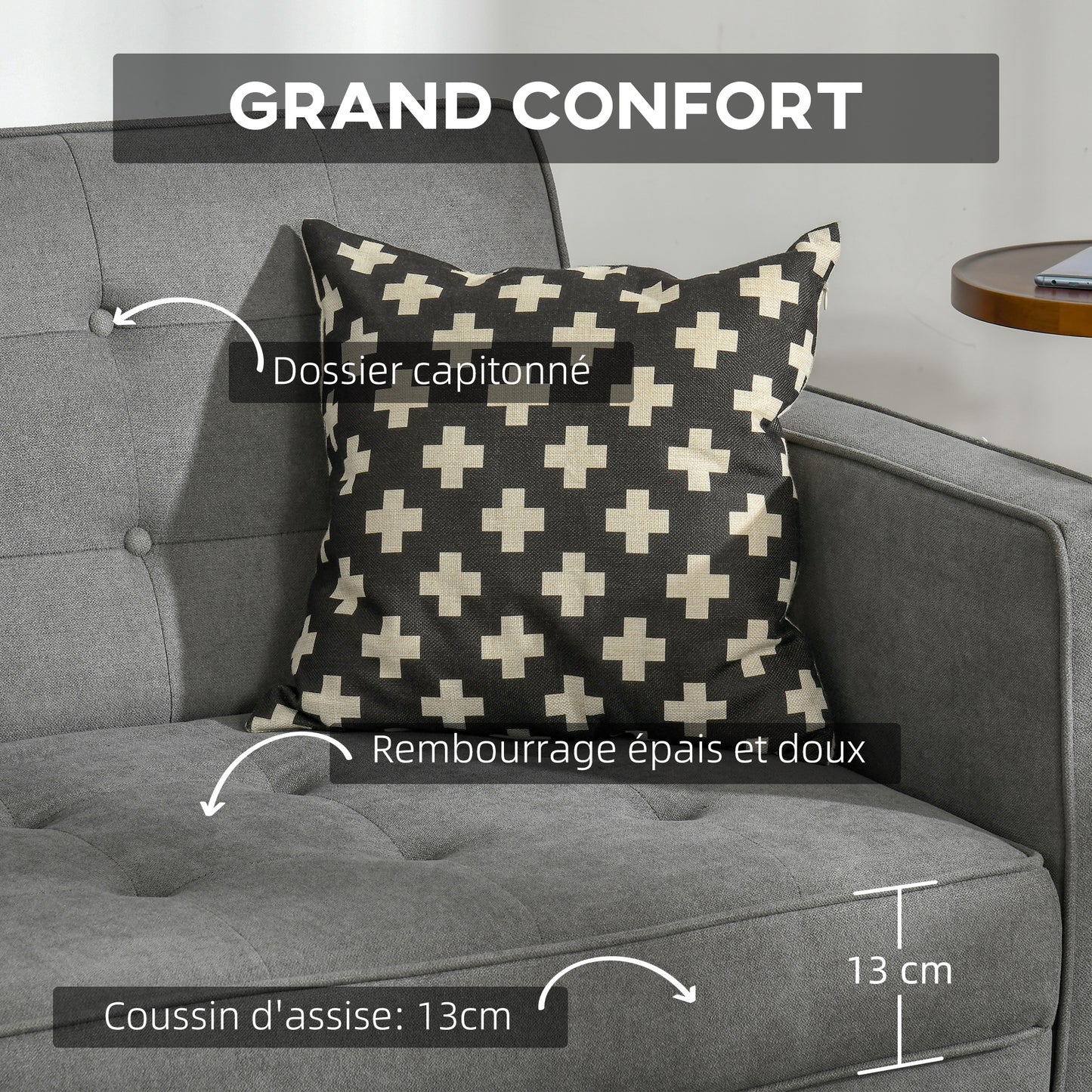 Slaapbank – Bedbank – Bankstel – Bedbank met Slaapfunctie – 3-Zits Sofa – Verstelbare Rugleuning – Vintage Eucalyptus Hout – Katoenen Stoffering – Grijs – 187 x 91 x 85 cm