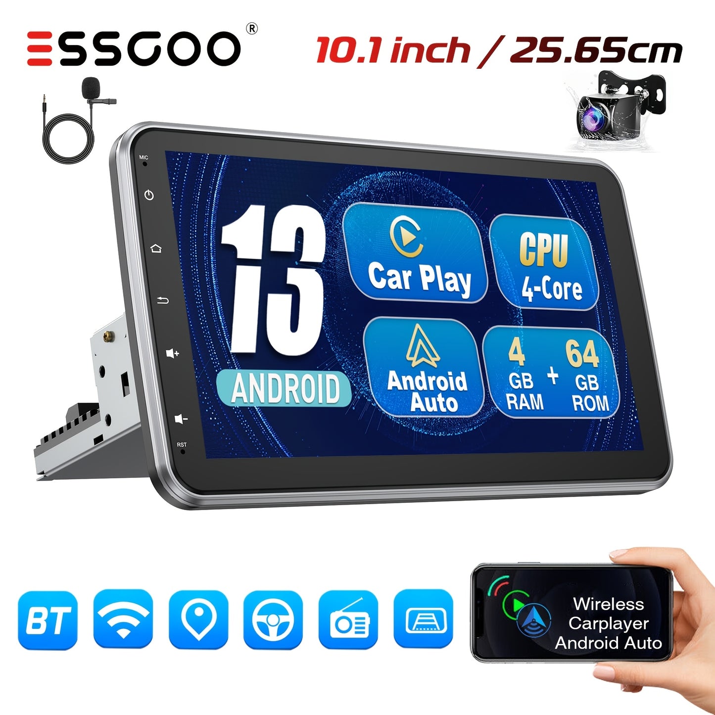 Autoradio – Multimedia Speler – Navigatiesysteem – Touchscreen Radio – Car Stereo – Met Draaibaar 10,1 Inch Scherm – Inclusief Achteruitrijcamera & Microfoon