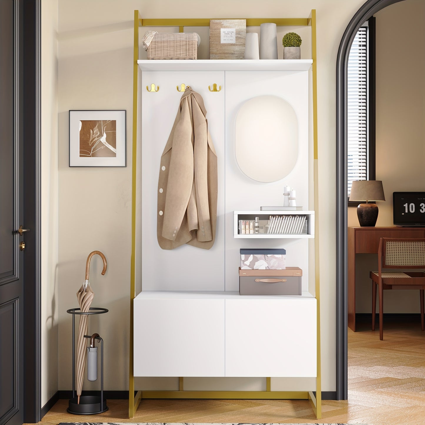 Kapstok – Jassenrek – Garderoberek – Schoenenrek – Spiegelkapstok – Vrijstaand – Rattan Materiaal – Compact Ontwerp