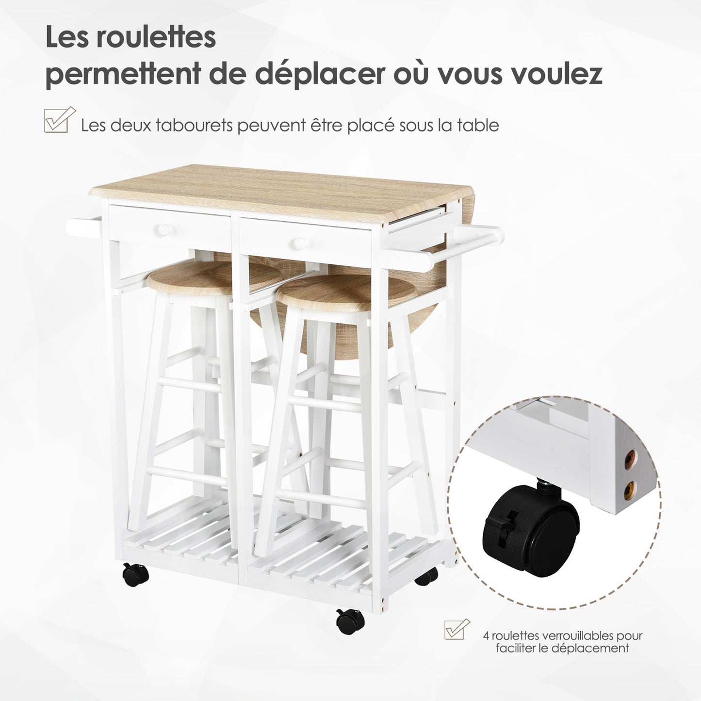 Bar Tafel Set – Barkrukset – Serveertafel – Bar Meubel – Keukentafel – Met Wielen En Opbergruimte – Pine MDF Wit Eiken – Compact En Mobiel