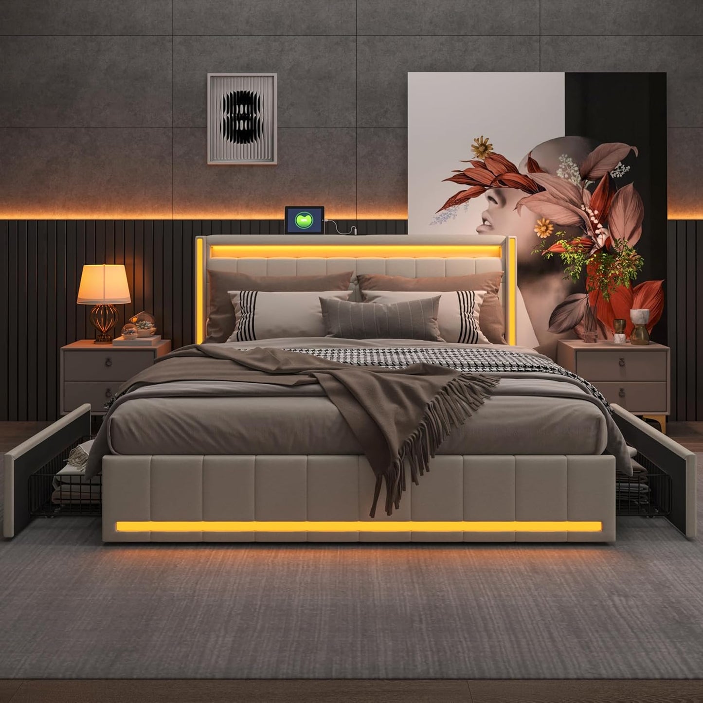 YCZ Bed Frame with Storage Space, Double Headboard Upholstered Bed with LED and USB, Storage Bed with 4 Drawers and Mattress, for Adults, BCDE