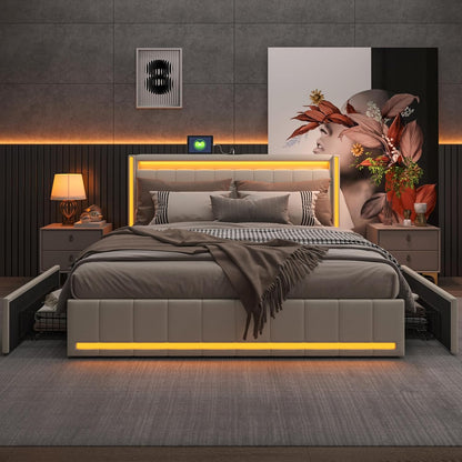 YCZ Bed Frame with Storage Space, Double Headboard Upholstered Bed with LED and USB, Storage Bed with 4 Drawers and Mattress, for Adults, BCDE