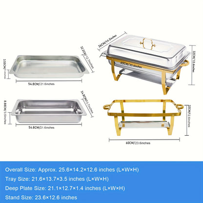 Chafing Dish – Buffetwarmer – Warmhoudplaat – Warmhoudschaal – Warmhoudbak – 6-delig – Goudkleurig Roestvrij Staal – Rechthoekig