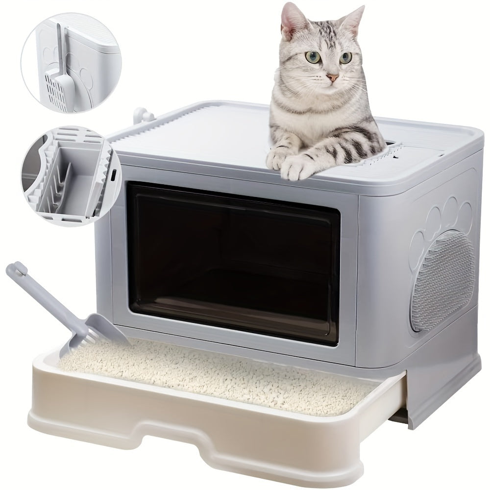 Kattenbak – Kattentoilet – Kattenbakken – Kattenbak Met Kap – Opvouwbare Kattenbak – Bovenin Instap – Inclusief Borstel – 48,5x36,5x38 cm – Duurzaam Plastic – Gesloten Design